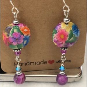 ARTISAN CLAY GEMSTONE EARRING - 925 STERLING SILVER DANGLE  FLOWER LENTIL BEADS